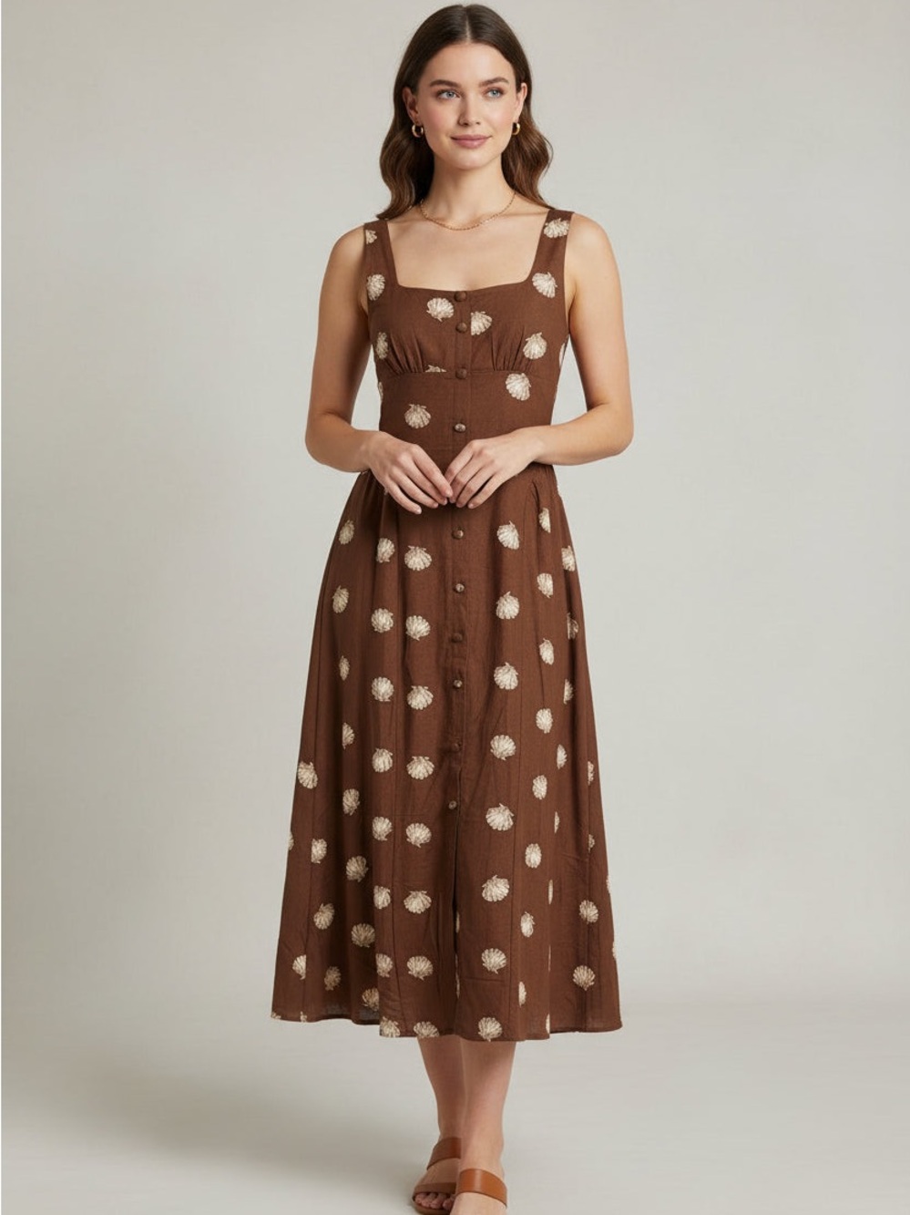 Blu Pepper Brown Shell-Print Maxi Dress